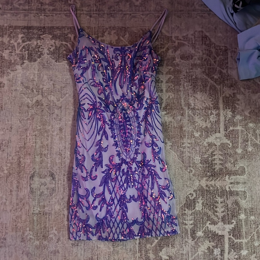 purple mini dress with sequin accents